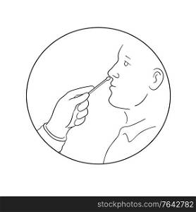 Line drawing illustration of a of hand of medical worker, nurse doctor performing nose, nasal or nasopharyngeal swab test for Covid-19 coronavirus infection done in monoline style black and white.. Hand of Nurse or Doctor Performing Nasal or Nasopharyngeal Swab Test for Covid-19 Line Drawing