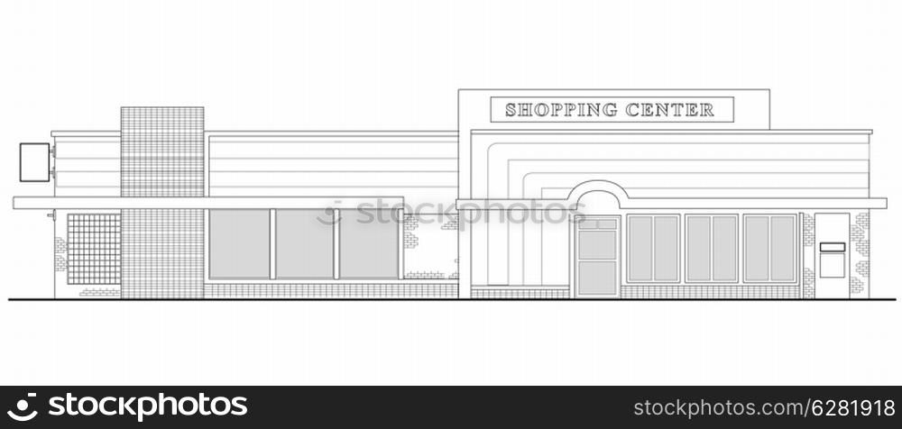 line drawing illustration of a strip mall or shopping center building viewed from front elevation on white background. shopping center building front