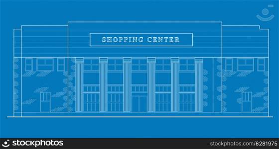 line drawing illustration of a strip mall or shopping center building viewed from front elevation on blue background. shopping center building front blue print