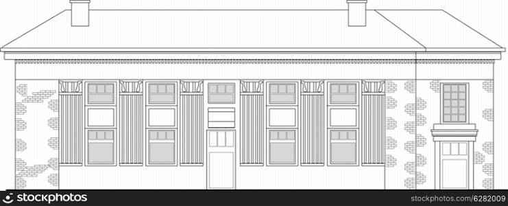 line drawing illustration of a strip mall or shopping center building viewed from front elevation on white background. shopping center building front