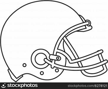 Line drawing illustration of an american football helmet viewed from the side done in black and white.