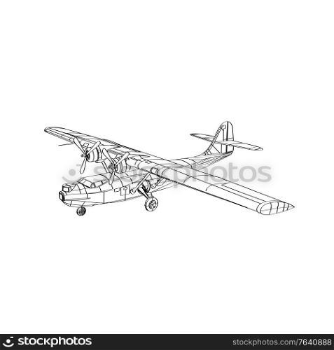 Line drawing illustration of the Consolidated PBY Catalina, a flying boat, patrol bomber and amphibious aircraft that was produced in the 1930s and 1940 done in monoline style black and white.. Consolidated Pby Catalina Flying Boat Patrol Bomber and Amphibious Aircraft Line Drawing