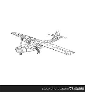 Line drawing illustration of the Consolidated PBY Catalina, a flying boat, patrol bomber and amphibious aircraft that was produced in the 1930s and 1940 done in monoline style black and white.. Consolidated Pby Catalina Flying Boat Patrol Bomber and Amphibious Aircraft Line Drawing