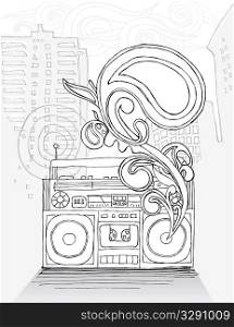 Line drawing of boombox in front of city scape.