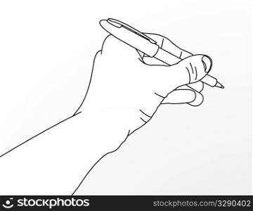 Line drawing of hand with pen.