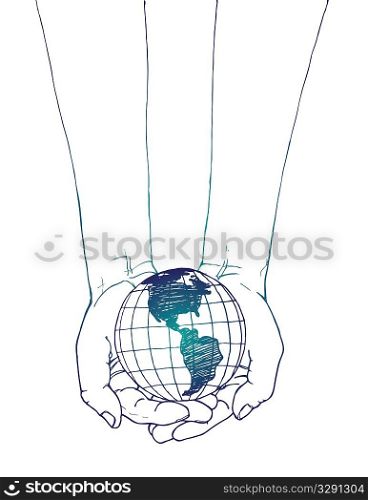 Line drawing of hands holding the earth.