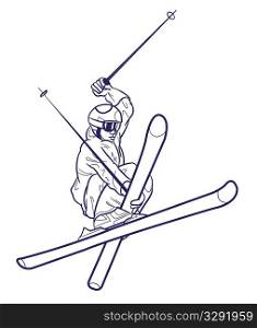 Line drawing of person skiing.