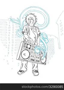 Line drawing of young man with boombox.
