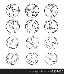 Line drawing set of the world ,map graphic design, earth vector.