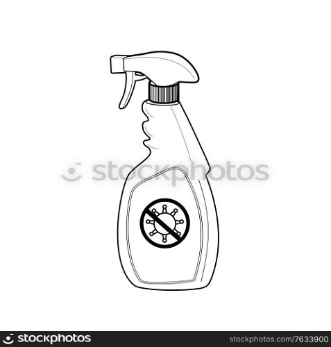 Line drawing style illustration of disinfectant spray bottle with stop pandemic virus sign viewed from side on isolated white background.. Disinfectant Spray Bottle with Stop Pandemic Virus Sign Line Drawing Black and White