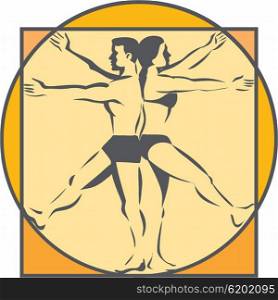 Line drawing style illustration on the Da Vinci man Vitruvian Man male female standing back to back with arms and legs raised extended viewed from the side set inside circle done in retro style. . Da Vinci Male Female Side Arms Legs Line Drawing Retro