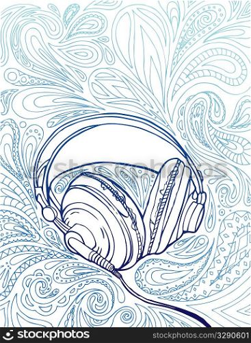 Line drawn headphones in paisley background.