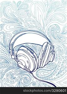 Line drawn headphones in paisley background.