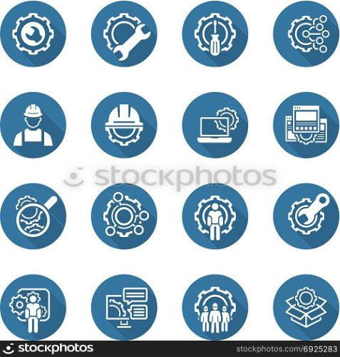 Line Engineering Icons. Simple Set of Engineering Flat Line Icons. Contains such Symbols as Manufacturing, Technology, Engineer, Team, Solutions, Service and more. Long Shadow.