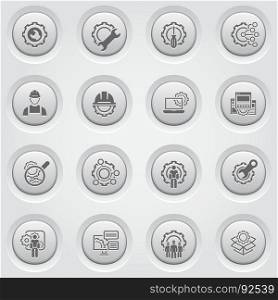 Line Engineering Icons. Simple Set of Engineering Flat Line Icons. Contains such Symbols as Manufacturing, Technology, Engineer, Team, Solutions, Service and more. Grey Button Design.