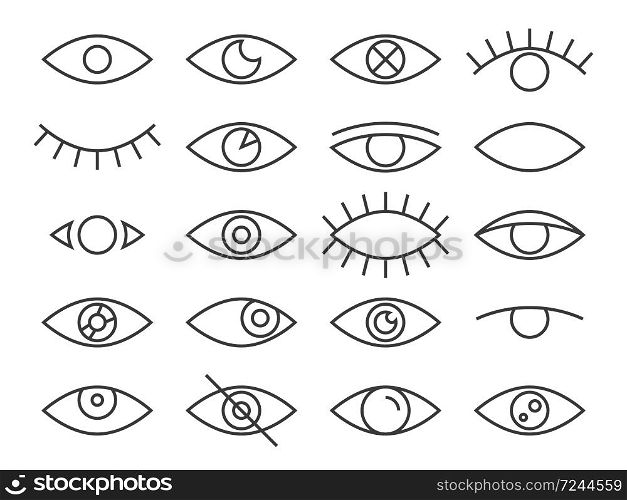 Line eye. Human eyes in different positions, observe and cry, sleep, eyeball lens and lashes, supervision health eyes. Eyesight, linear vector isolated set. Line eye. Human eyes in different positions, observe and cry, sleep, eyeball lens, supervision health eyes. Eyesight, linear vector set