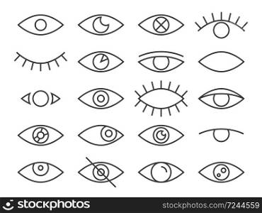 Line eye. Human eyes in different positions, observe and cry, sleep, eyeball lens and lashes, supervision health eyes. Eyesight, linear vector isolated set. Line eye. Human eyes in different positions, observe and cry, sleep, eyeball lens, supervision health eyes. Eyesight, linear vector set