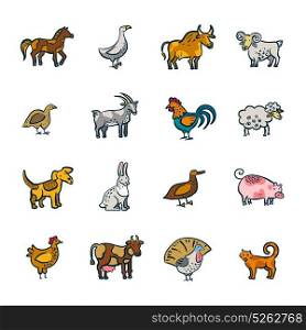 Line Farm Animals Set. Colorful line farm animals and birds doodle set isolated on white background vector illustration