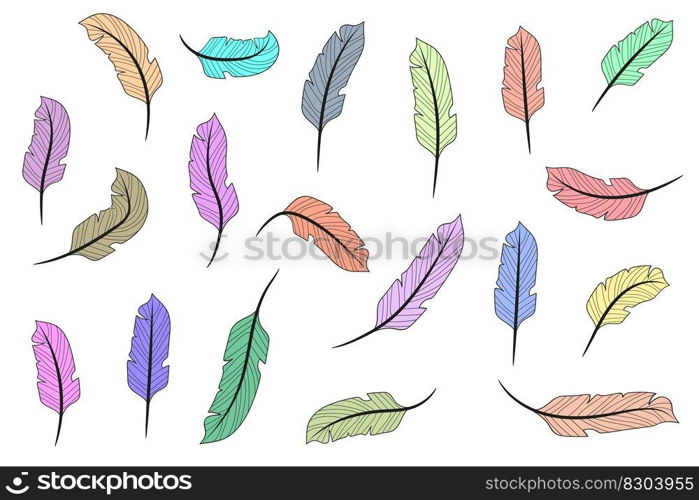 Line feather. Hand drawn feathers. Feathers isolated on white background. Feathers coloring book. Vector illustration. EPS 10.. Line feather. Hand drawn feathers. Feathers isolated on white background. Feathers coloring book. Vector illustration.