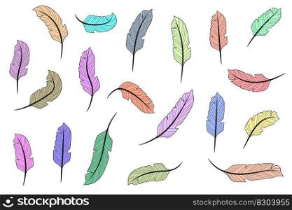 Line feather. Hand drawn feathers. Feathers isolated on white background. Feathers coloring book. Vector illustration. EPS 10.. Line feather. Hand drawn feathers. Feathers isolated on white background. Feathers coloring book. Vector illustration.