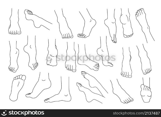 Line feet. Woman ankles and legs with heels and fingers. Beauty or medicine human body infographic elements. Spa skin care and pedicure. Isolated naked foot soles. Vector barefoot outline sketches set. Line feet. Woman ankles and legs with heels and fingers. Beauty or medicine human body infographic elements. Spa skin care and pedicure. Naked foot soles. Vector barefoot sketches set