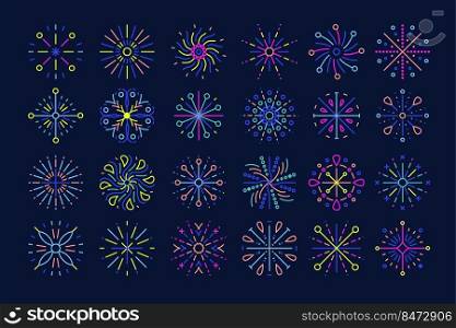 Line firework icons. Outline colorful flat celebration pyrotechnics pictograms. Vector set outlines celebrating bursts firework. Line firework icons. Outline colorful flat celebration pyrotechnics pictograms. Vector set
