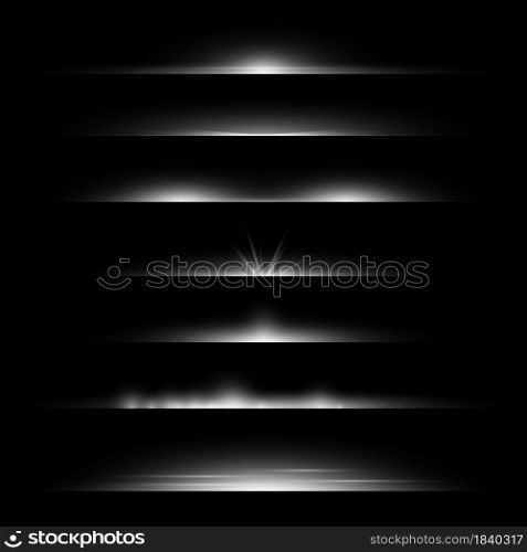 Line flare. Light dividers glowing borders, white horizontal beams. Futuristic transparent rays. Magic shimmer backdrop, stardust frame, silver decor vector realistic isolated on black background set. Line flare. Light dividers glowing borders, white horizontal beams. Futuristic transparent rays. Magic shimmer backdrop, stardust frame, silver decor vector realistic isolated set