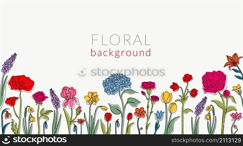 Line flower background. Abstract continuous line invitation frame with minimalistic botanical graphic collection. Vector horizontal banner with flowers illustrations design antique bunch plant. Line flower background. Abstract continuous line invitation frame with minimalistic botanical graphic collection. Vector horizontal banner with flowers