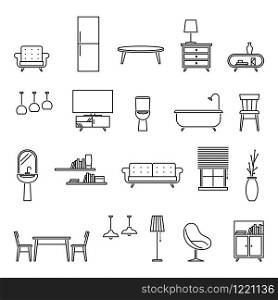 Line furniture. Armchair, sofa and tv. Couch, kitchen table and fridge, chandeliers. Bathtub and toilet bowl home living room vector outlines simple icons. Line furniture. Armchair, sofa and tv. Couch, kitchen table and fridge, chandeliers. Bathtub and toilet bowl home living room vector icons