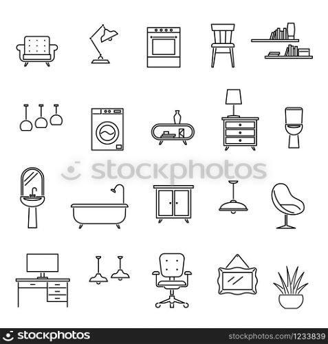 Line furniture. Living room interior design icons, sofa and table, armchair and washer, sink and lamp, desk and oven trendy vector symbol set. Line furniture. Living room interior design icons, sofa and table, armchair and washer, sink and lamp, desk and oven trendy vector set