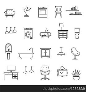 Line furniture. Living room interior design icons, sofa and table, armchair and washer, sink and lamp, desk and oven trendy vector symbol set. Line furniture. Living room interior design icons, sofa and table, armchair and washer, sink and lamp, desk and oven trendy vector set
