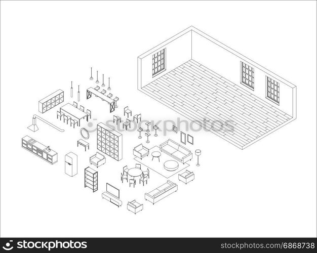 Line furniture set in isometric view. Line furniture set in isometric view. Vector illustration of living room planning.