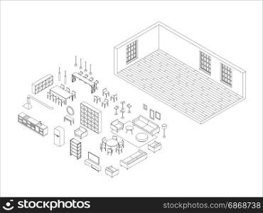Line furniture set in isometric view. Line furniture set in isometric view. Vector illustration of living room planning.