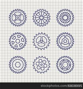 Line gears icon set sketch. Line gears icon set on notebook background. Vector illustration