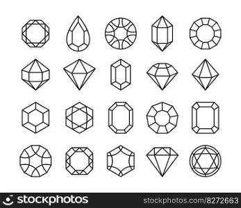 Line gemstones. Treasure diamonds and outlined precious stones, luxury jewelry geometric symbols thin strokes logo design. Vector isolated set. Different expensive gem icons as emerald, sapphire. Line gemstones. Treasure diamonds and outlined precious stones, luxury jewelry geometric symbols thin strokes logo design. Vector isolated set