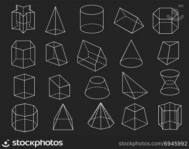 Line geometric shapes 3d icons set. Line geometric shapes. 3d vector geometrical shape set like pyramid and cone, cylinder and pentagram