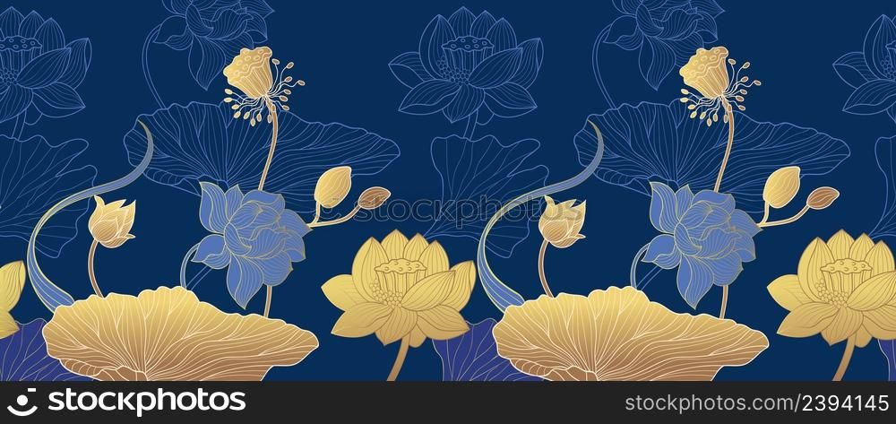 Line gold floral background. Art ornate plants, golden exotic asian flowers seamless pattern. Luxury leaf and lotus, blue oriental stylish vector banner. Illustration of ornate floral background. Line gold floral background. Art ornate plants, golden exotic asian flowers seamless pattern. Luxury leaf and lotus, blue oriental stylish nowaday vector banner