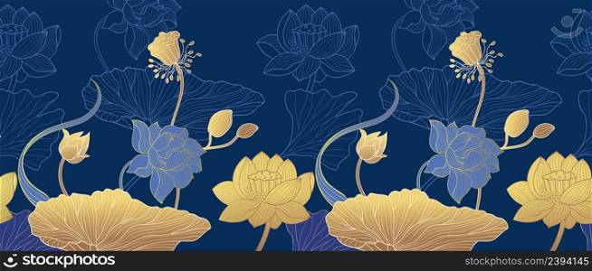 Line gold floral background. Art ornate plants, golden exotic asian flowers seamless pattern. Luxury leaf and lotus, blue oriental stylish vector banner. Illustration of ornate floral background. Line gold floral background. Art ornate plants, golden exotic asian flowers seamless pattern. Luxury leaf and lotus, blue oriental stylish nowaday vector banner