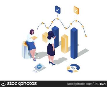 Line graph concept 3d isometric web scene. People working with data charts and making statistical analysis. Analysts calculate datum graphs for report. Vector illustration in isometry graphic design