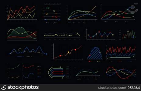 Line graph. Linear chart growth, business diagram graphs and colorful histogram graph or business currency stock financial graphics. Investment planning analysis isolated vector symbols set. Line graph. Linear chart growth, business diagram graphs and colorful histogram graph isolated vector set