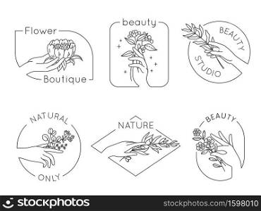 Line hand and flower logos. Floral beauty salon, spa and cosmetics logo with woman hands. Emblems for natural handmade, vector set. Spa logo sketch outline blooming, beauty cosmetic illustration. Line hand and flower logos. Floral beauty salon, spa and cosmetics logo with woman hands. Emblems for natural handmade products, vector set
