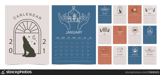 line hand calendar 2021 with flower,animal,mountain,bear,house in boho style