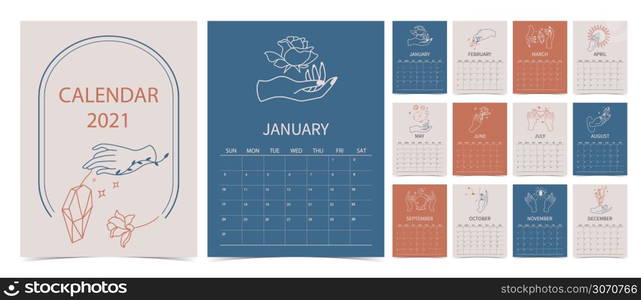 line hand calendar 2021 with rose,flower,crystal,sun in boho style