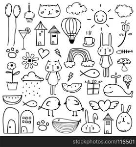 Line Hand Drawn Doodle Lovely Vector Set For Kid.