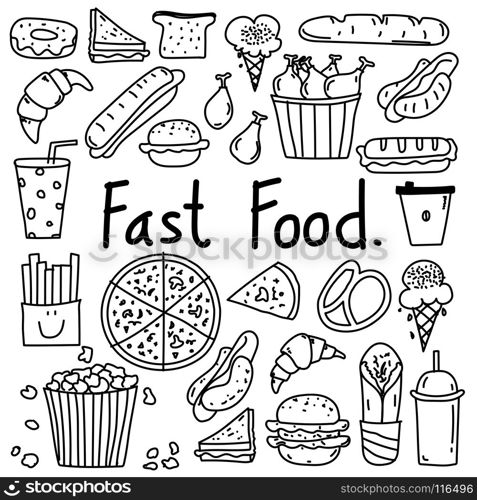 Line Hand Drawn Doodle Vector Fast Food Set.
