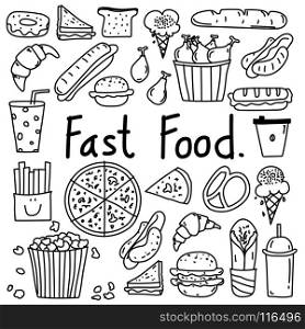 Line Hand Drawn Doodle Vector Fast Food Set.