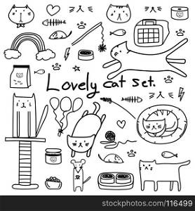 Line Hand Drawn Doodle Vector Lovely Cat Set. Cute Cat For Gift Wrap. Vector Illustration.