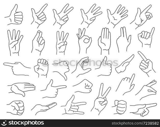 Line hands gestures. Like and dislike hand gesture icon, pointing finger and strong fist icons vector illustration set. Gesture hand, finger line and palm gesturing. Line hands gestures. Like and dislike hand gesture icon, pointing finger and strong fist icons vector illustration set