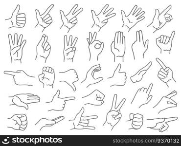 Line hands gestures. Like and dislike hand gesture icon, pointing finger and strong fist icons vector illustration set. Gesture hand, finger line and palm gesturing. Line hands gestures. Like and dislike hand gesture icon, pointing finger and strong fist icons vector illustration set