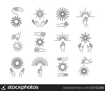 Line hands with suns. esoteric and astrology vintage elements, sun geometry outline graphic vector set illustrations design esoteric elements. Line hands with suns. esoteric and astrology vintage elements, sun geometry outline graphic vector set
